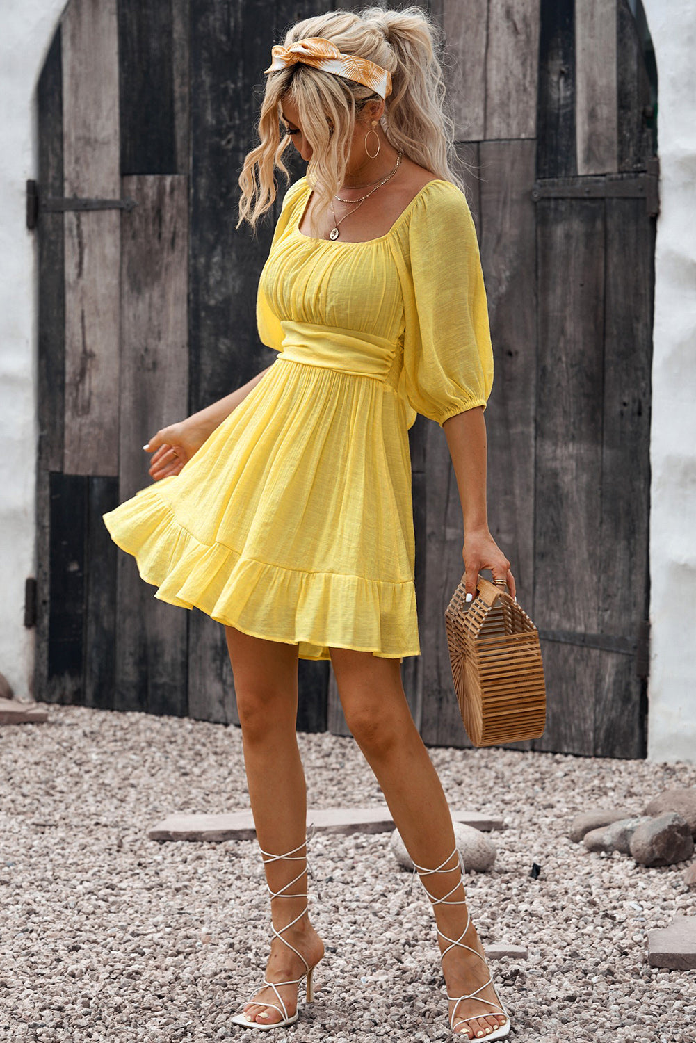 Louisa Tie-Back Ruffled Hem Square Neck Mini Dress - Coco and lulu boutique