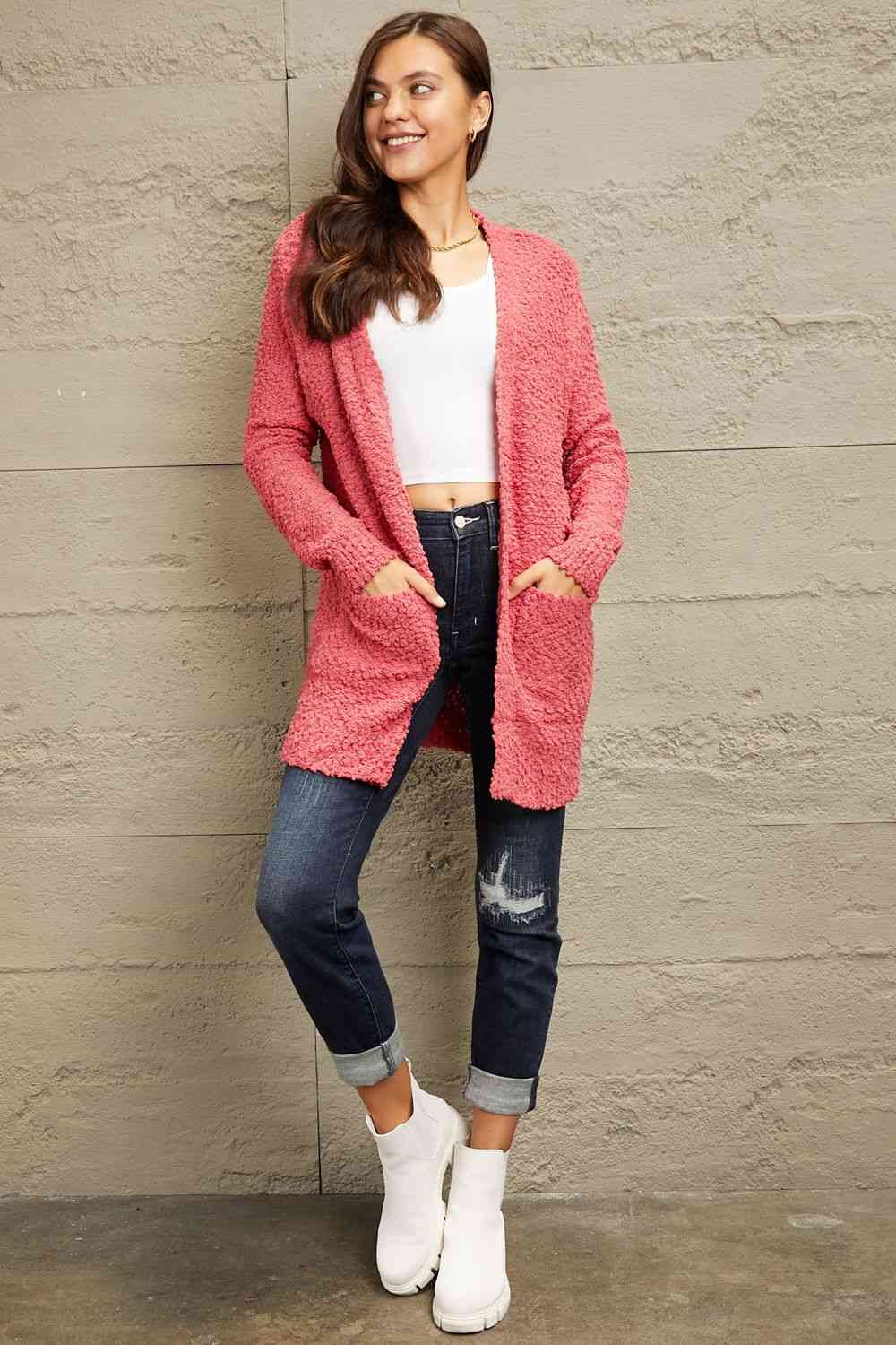 Falling For You Full Size Open Front Popcorn Cardigan - Coco and lulu boutique
