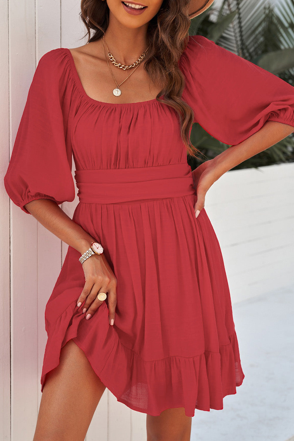 Louisa Tie-Back Ruffled Hem Square Neck Mini Dress - Coco and lulu boutique