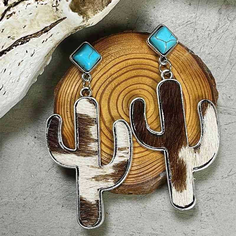 Turquoise and Cowhide Cactus Earrings - Coco and lulu boutique