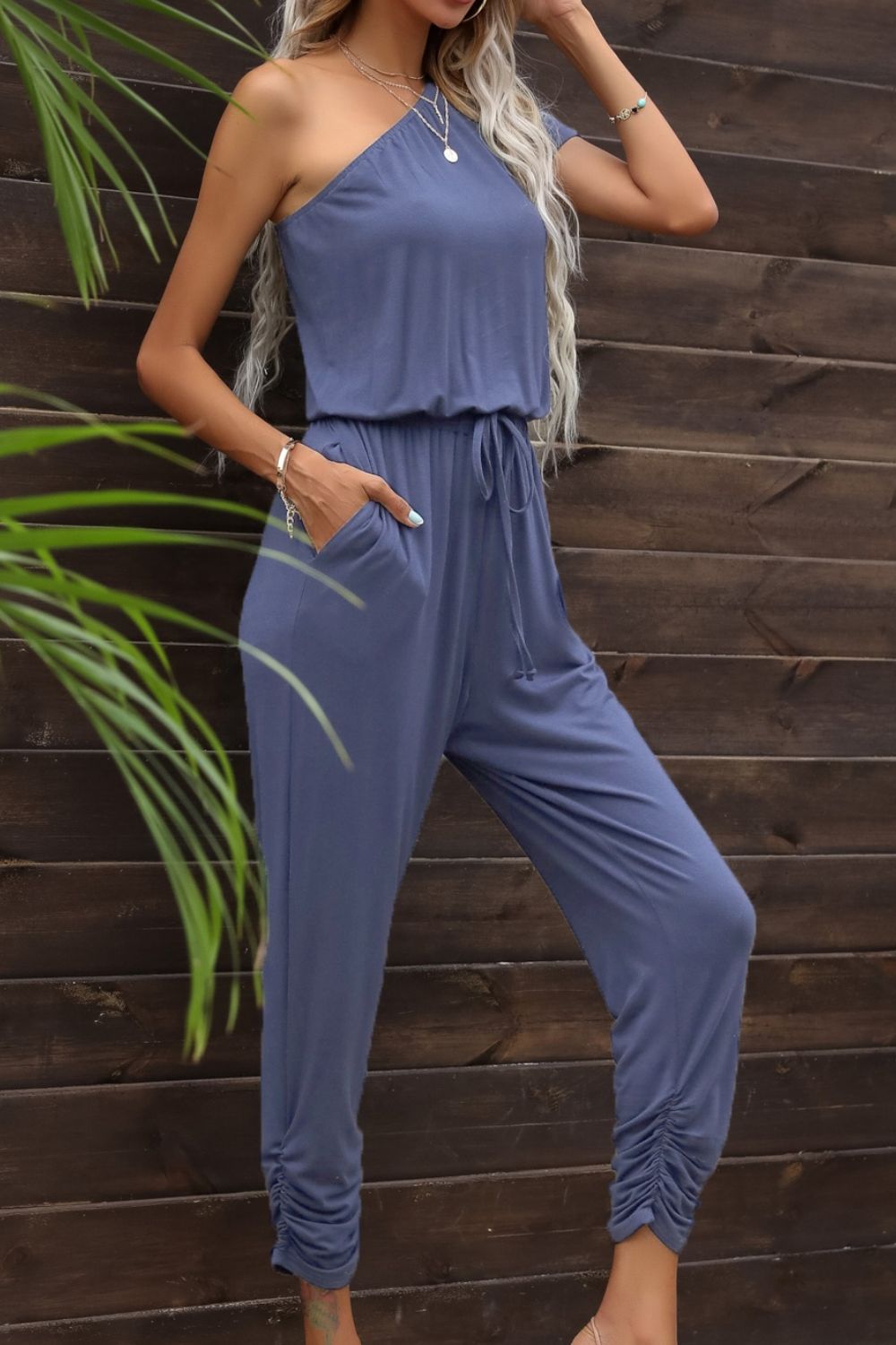 Cathy Drawstring Waist One-Shoulder Jumpsuit with Pockets - Coco and lulu boutique
