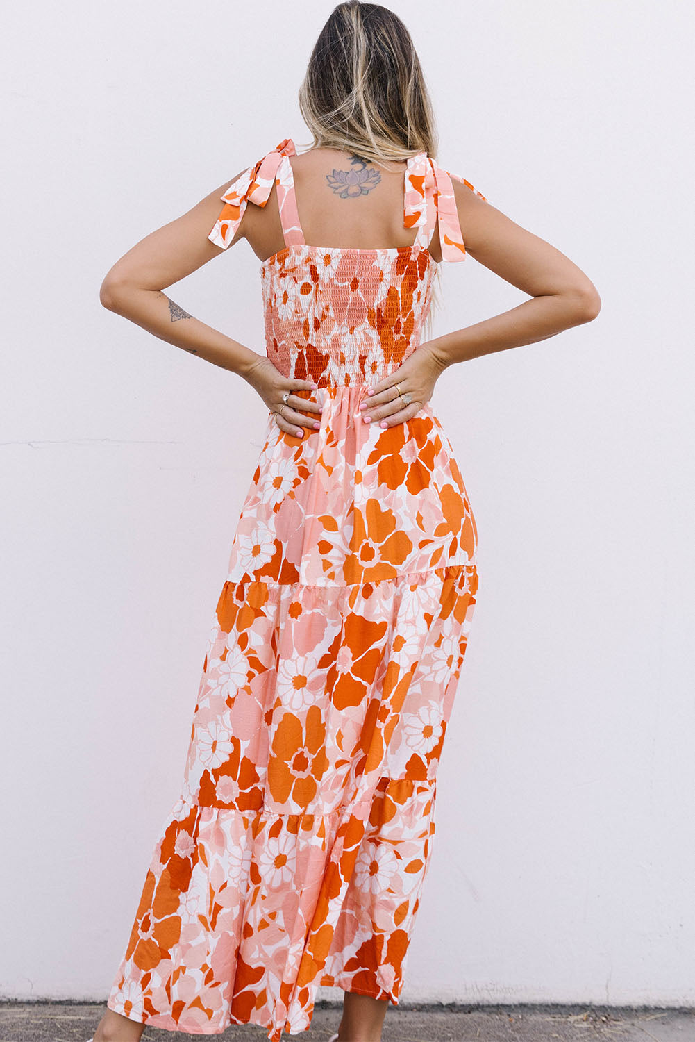 Floral Tie-Shoulder Smocked Maxi Dress - Coco and lulu boutique