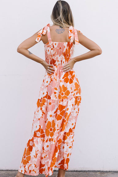 Floral Tie-Shoulder Smocked Maxi Dress - Coco and lulu boutique