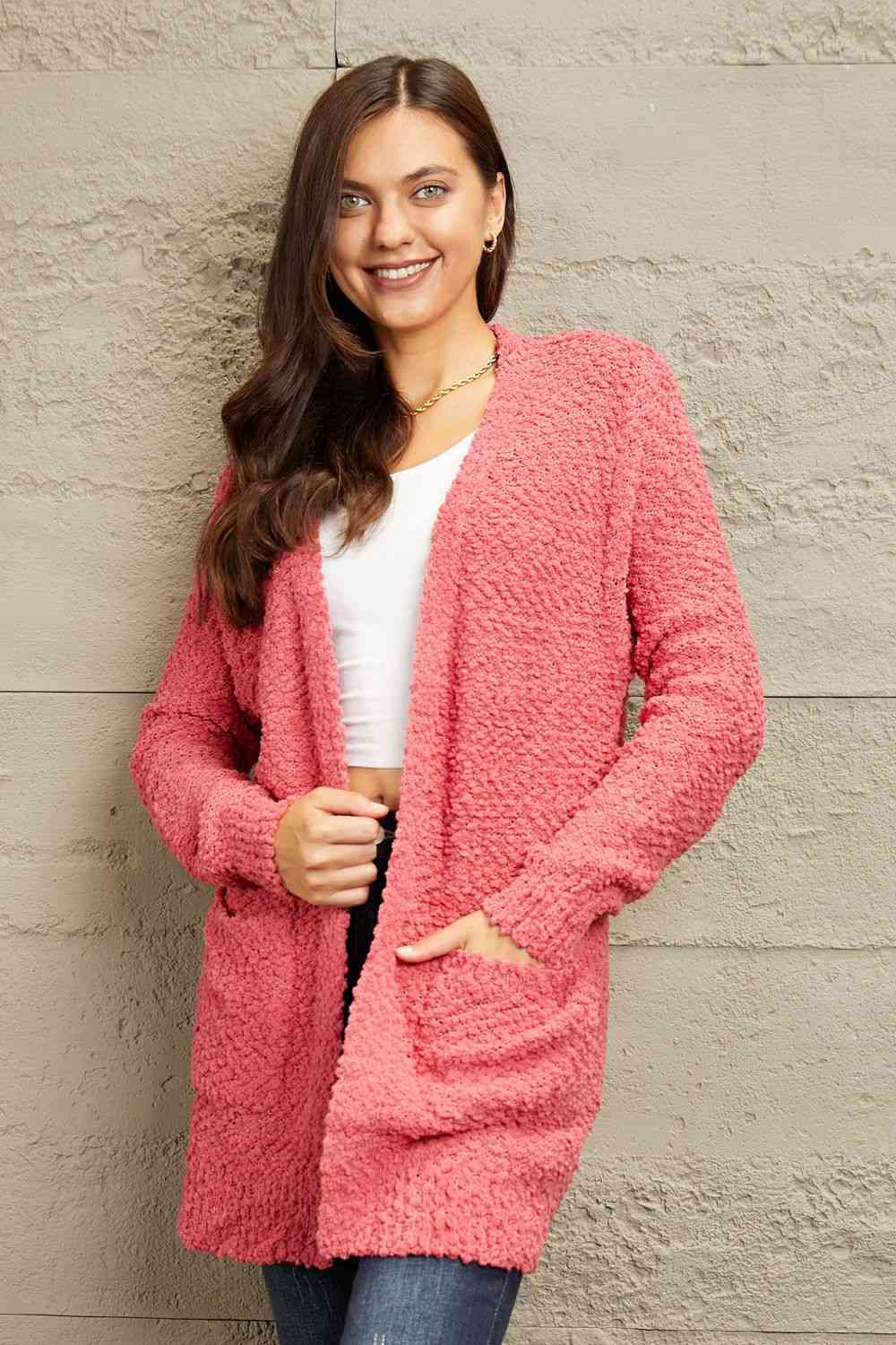 Falling For You Full Size Open Front Popcorn Cardigan - Coco and lulu boutique