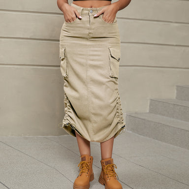 Drawstring Ruched Slit Denim Midi Skirt - Coco and lulu boutique