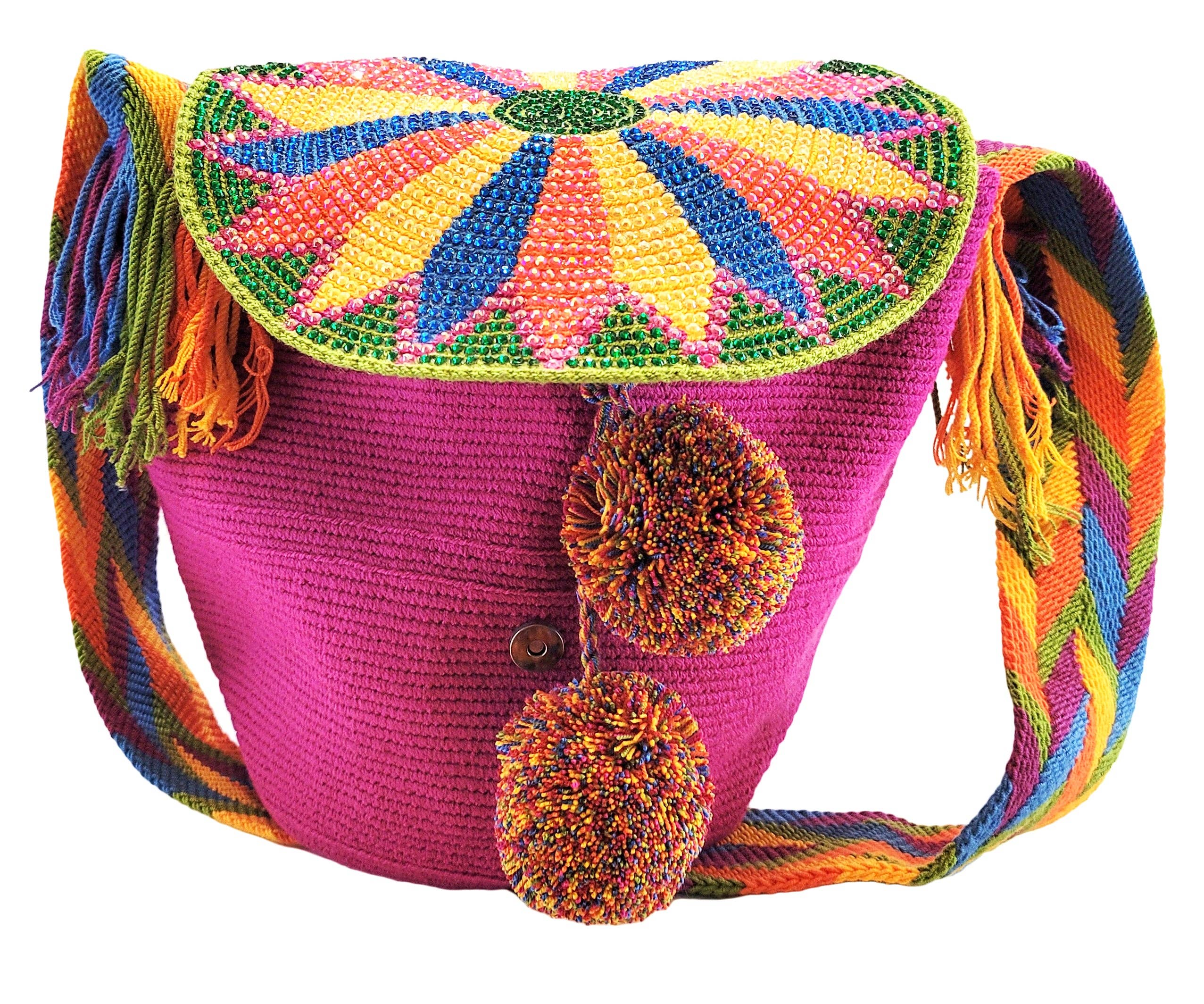 Reina Large Handmade Crochet Wayuu Bag with Crystals on the Lid - Coco and lulu boutique