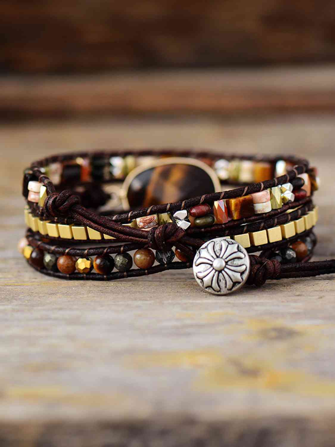 Geometrical Shape Tigers Eye Triple-Layer Wrap Bracelet - Coco and lulu boutique
