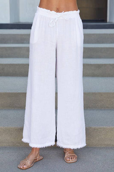 Italian Cotton Linen Fringe Hem Pant White - Coco and lulu boutique