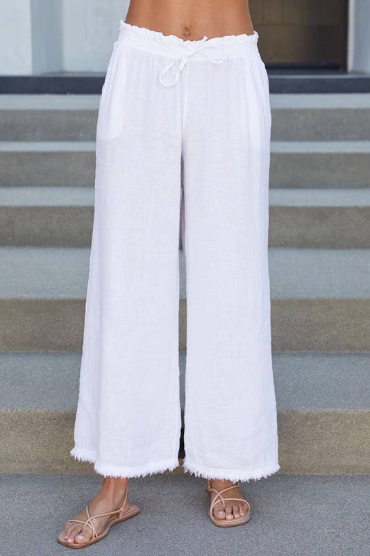 Italian Cotton Linen Fringe Hem Pant White - Coco and lulu boutique