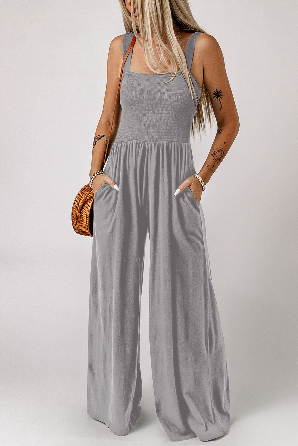 Beth Smocked Square Neck Wide Leg Jumpsuit with Pockets - Coco and lulu boutique