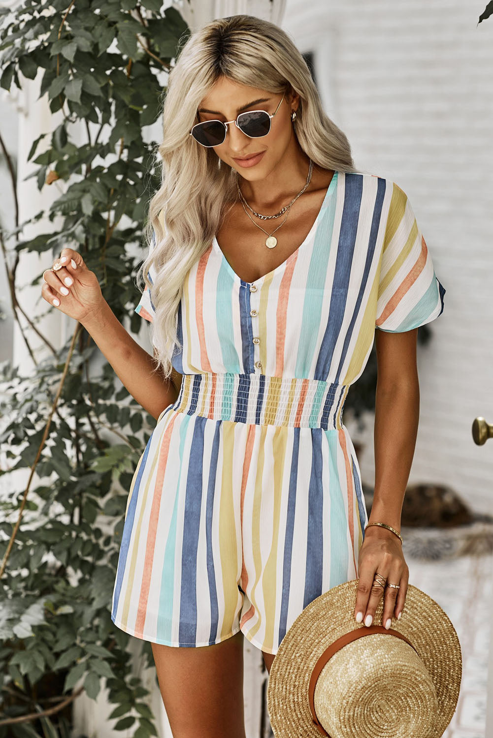 Sunshine Multicolored Stripe V-Neck Smocked Waist Romper - Coco and lulu boutique