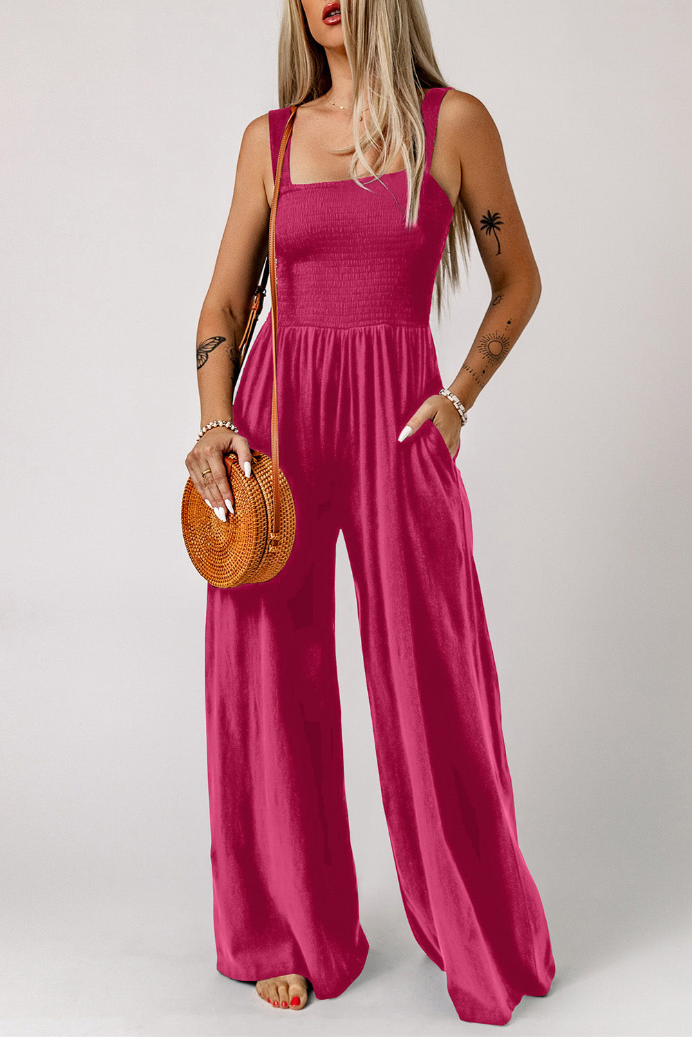Beth Smocked Square Neck Wide Leg Jumpsuit with Pockets - Coco and lulu boutique