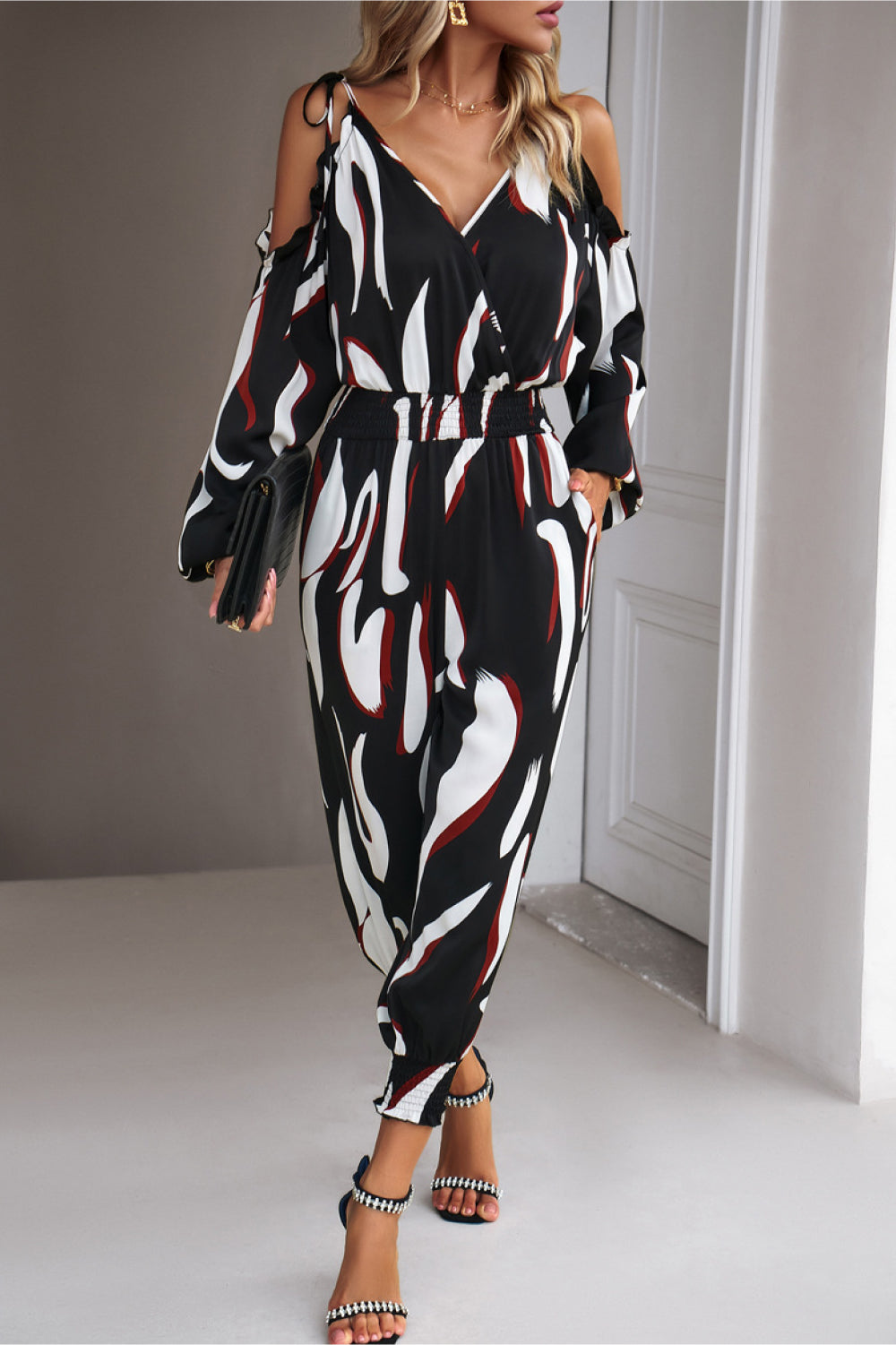 Monique Printed Cold-Shoulder Surplice Neck Jumpsuit - Coco and lulu boutique