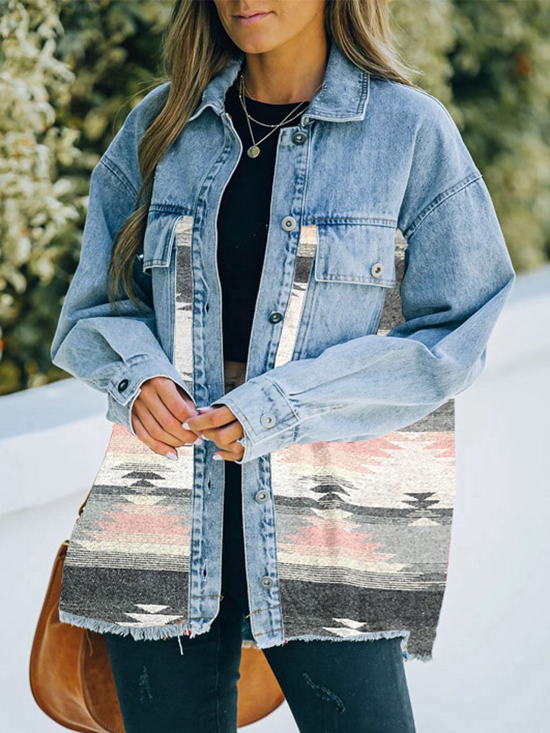 South West Collared Neck Dropped Shoulder Denim Jacket - Coco and lulu boutique