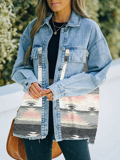 South West Collared Neck Dropped Shoulder Denim Jacket - Coco and lulu boutique
