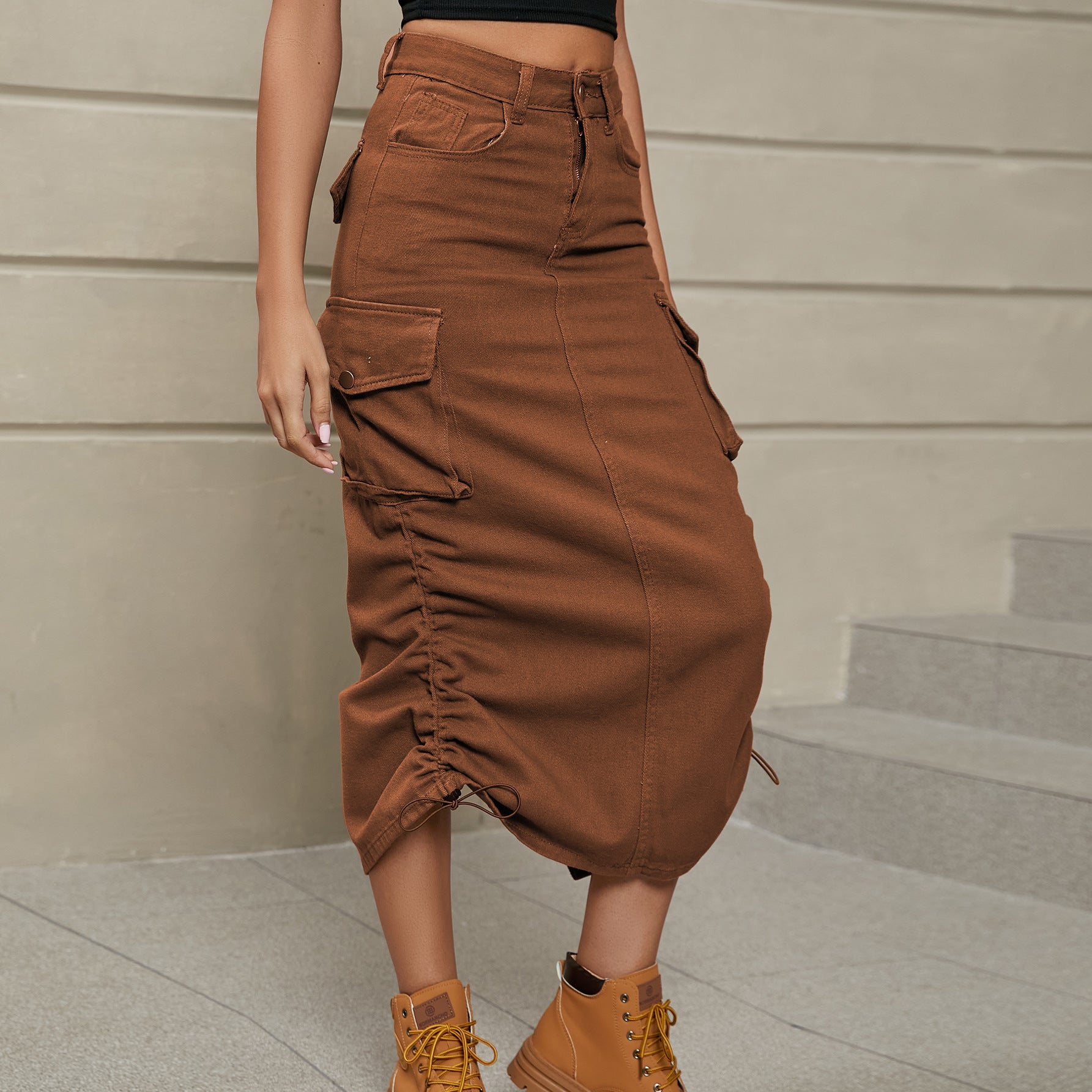 Drawstring Ruched Slit Denim Midi Skirt - Coco and lulu boutique
