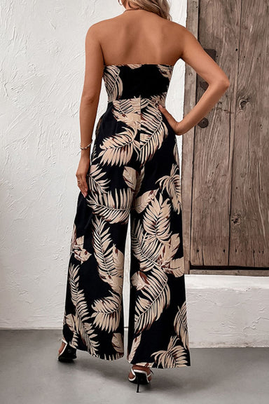Printed Strapless Wide Leg Jumpsuit with Pockets - Coco and lulu boutique
