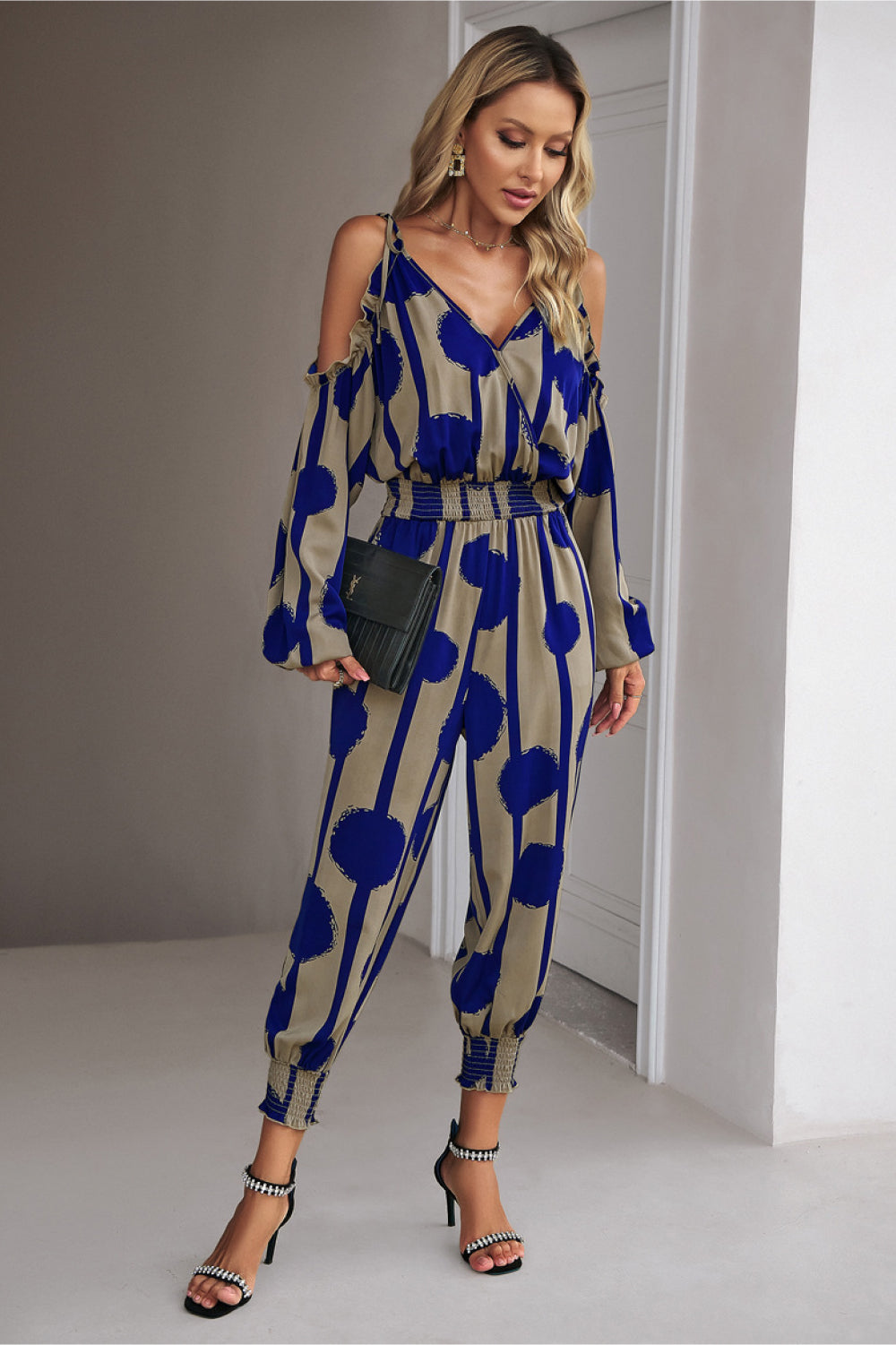 Monique Printed Cold-Shoulder Surplice Neck Jumpsuit - Coco and lulu boutique