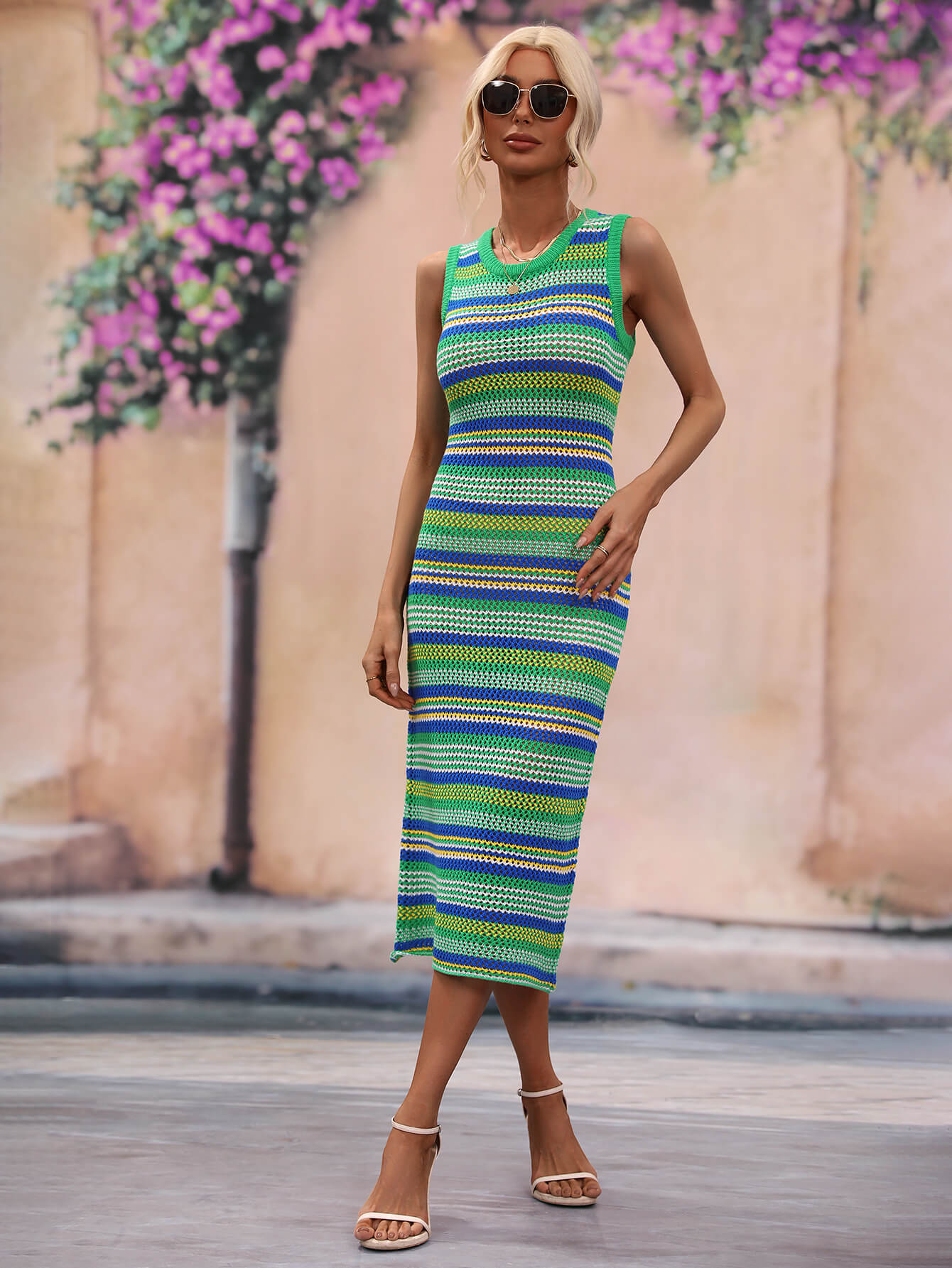Striped Round Neck Sleeveless Midi Cover Up Dress - Coco and lulu boutique