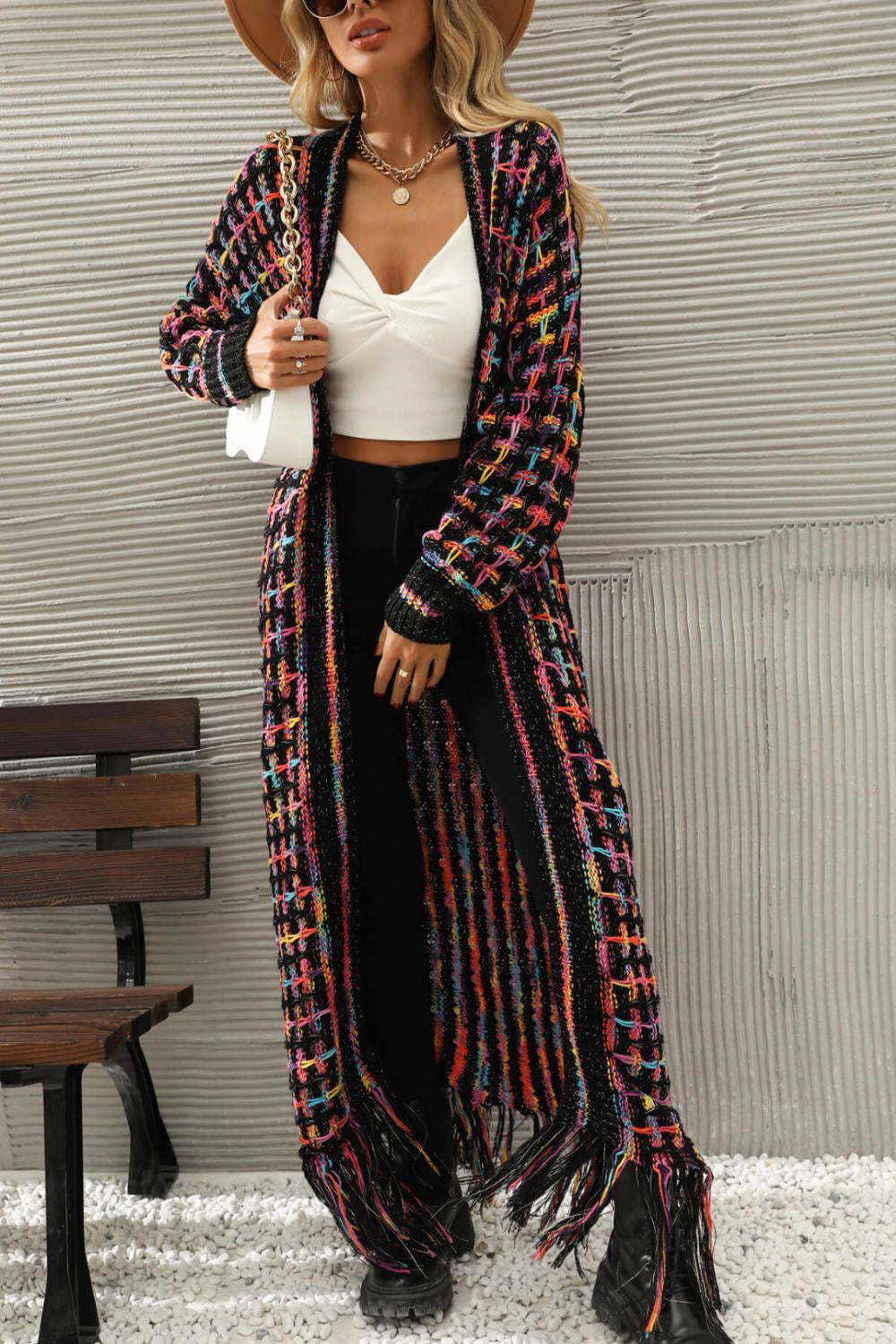 Morgan Multicolored Open Front Fringe Hem Cardigan - Coco and lulu boutique