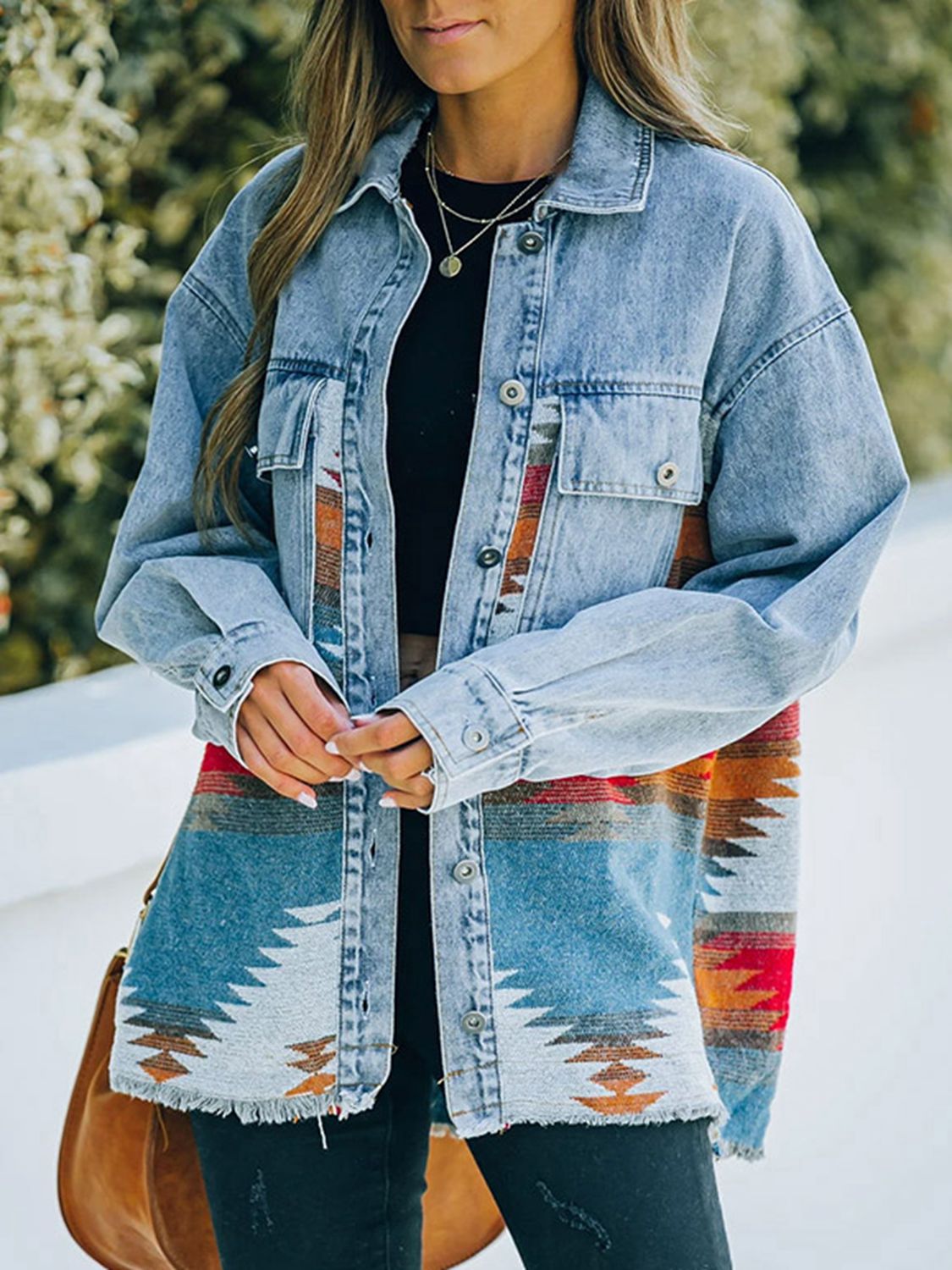 South West Collared Neck Dropped Shoulder Denim Jacket - Coco and lulu boutique