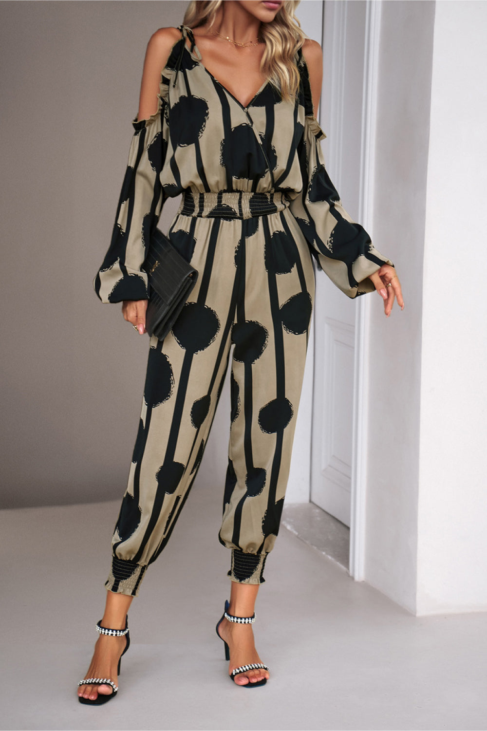 Monique Printed Cold-Shoulder Surplice Neck Jumpsuit - Coco and lulu boutique