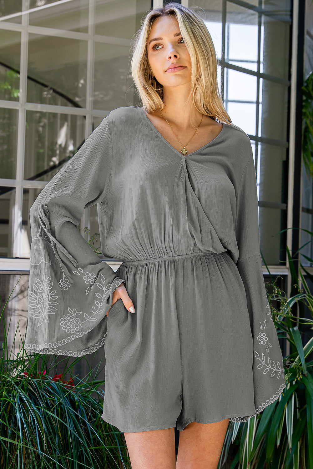 Vickie Surplice Neck Flare Sleeve Romper - Coco and lulu boutique