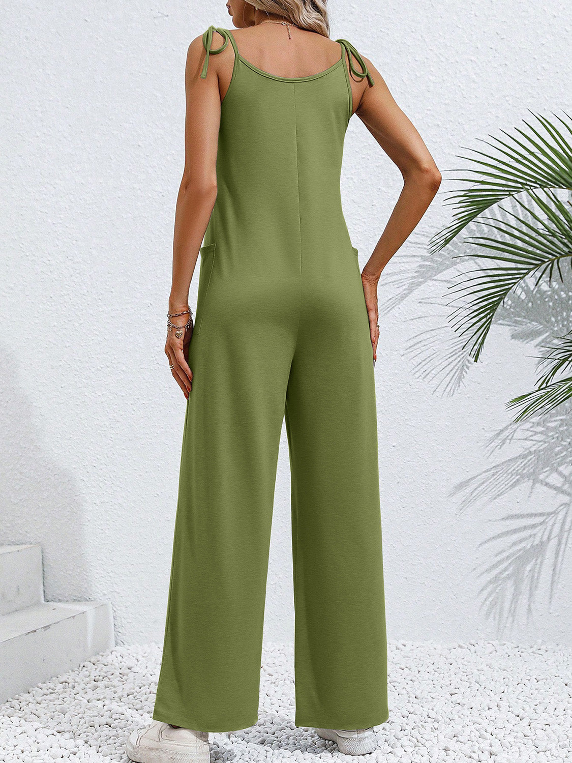 Emily Tie-Shoulder Wide Leg Jumpsuit with Pockets - Coco and lulu boutique