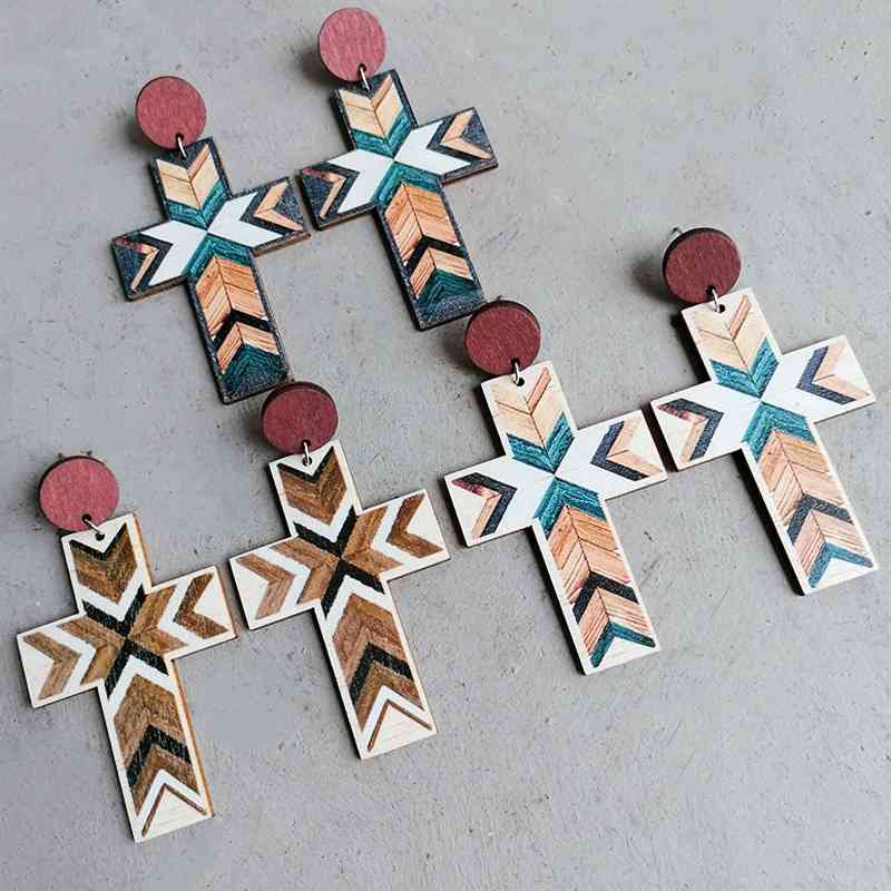 Cross Wood Drop Earrings - Coco and lulu boutique