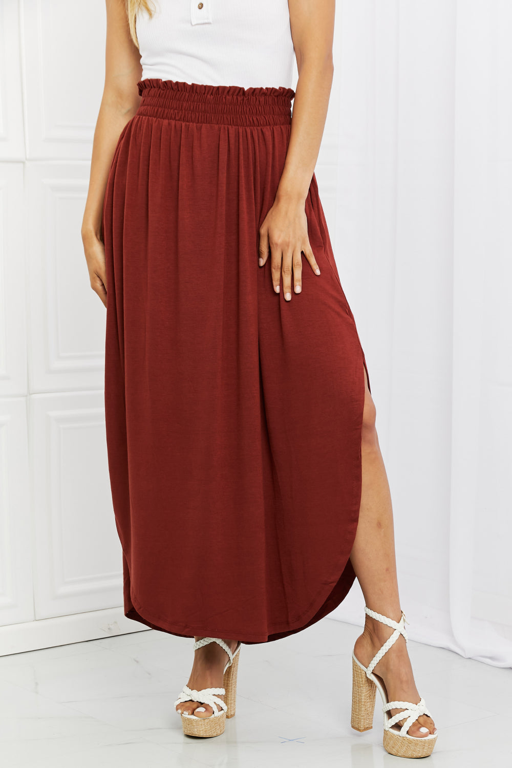 Zenana It's My Time Full Size Side Scoop Scrunch Skirt in Dark Rust - Coco and lulu boutique