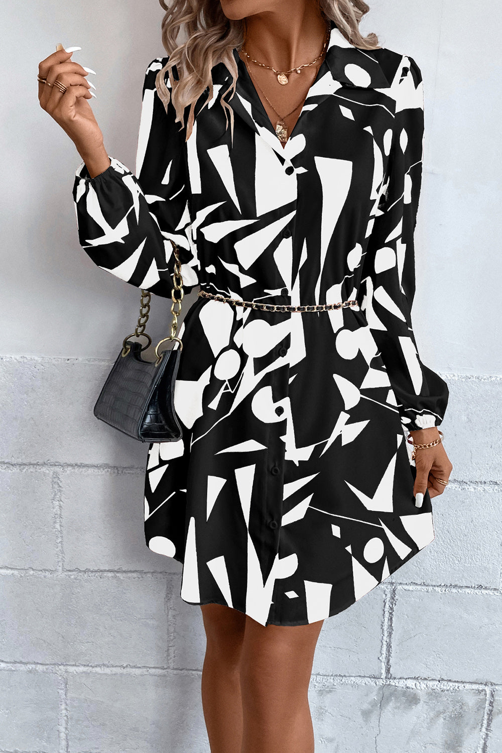 Coco Geometric Long Sleeve Shirt Dress - Coco and lulu boutique