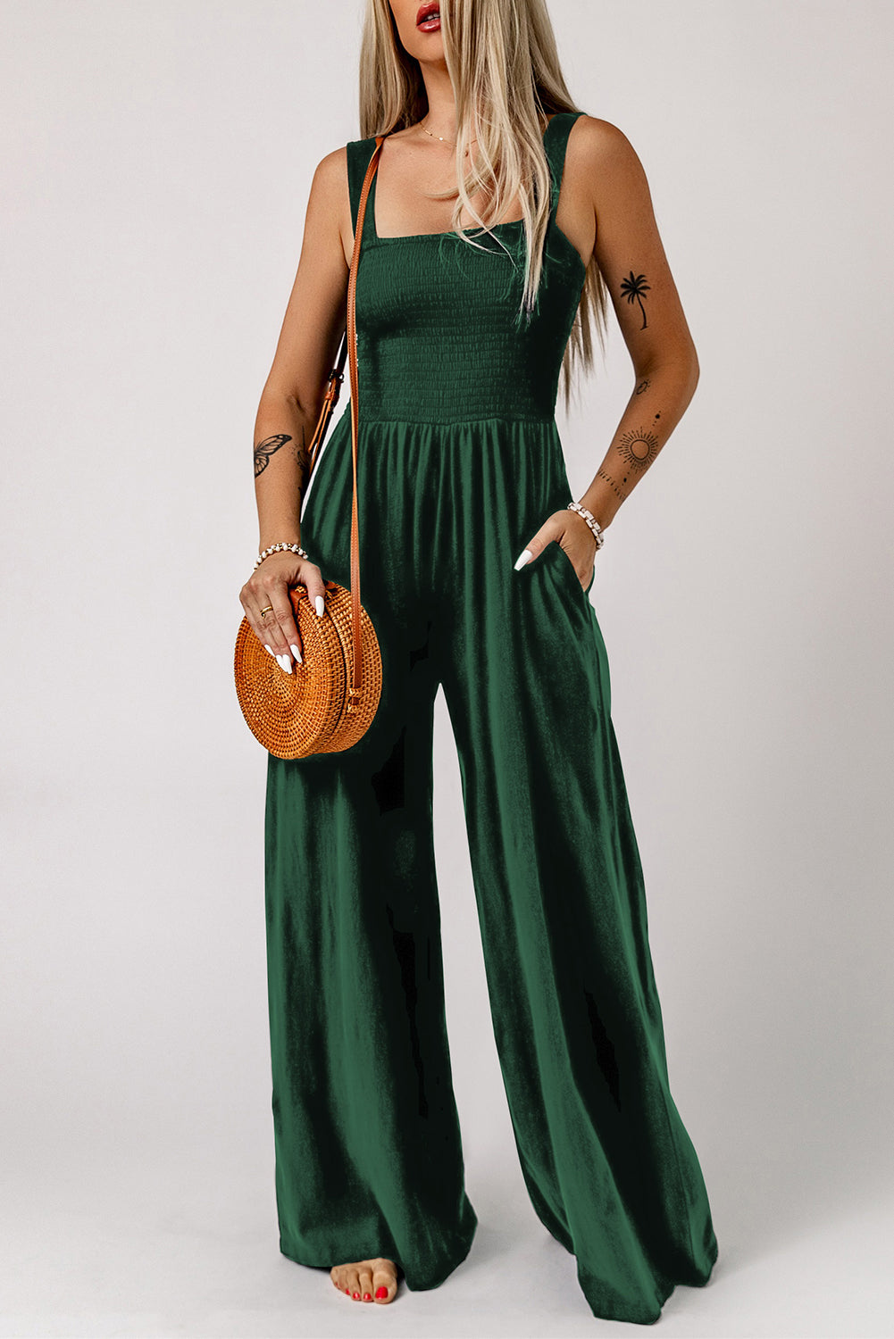 Beth Smocked Square Neck Wide Leg Jumpsuit with Pockets - Coco and lulu boutique