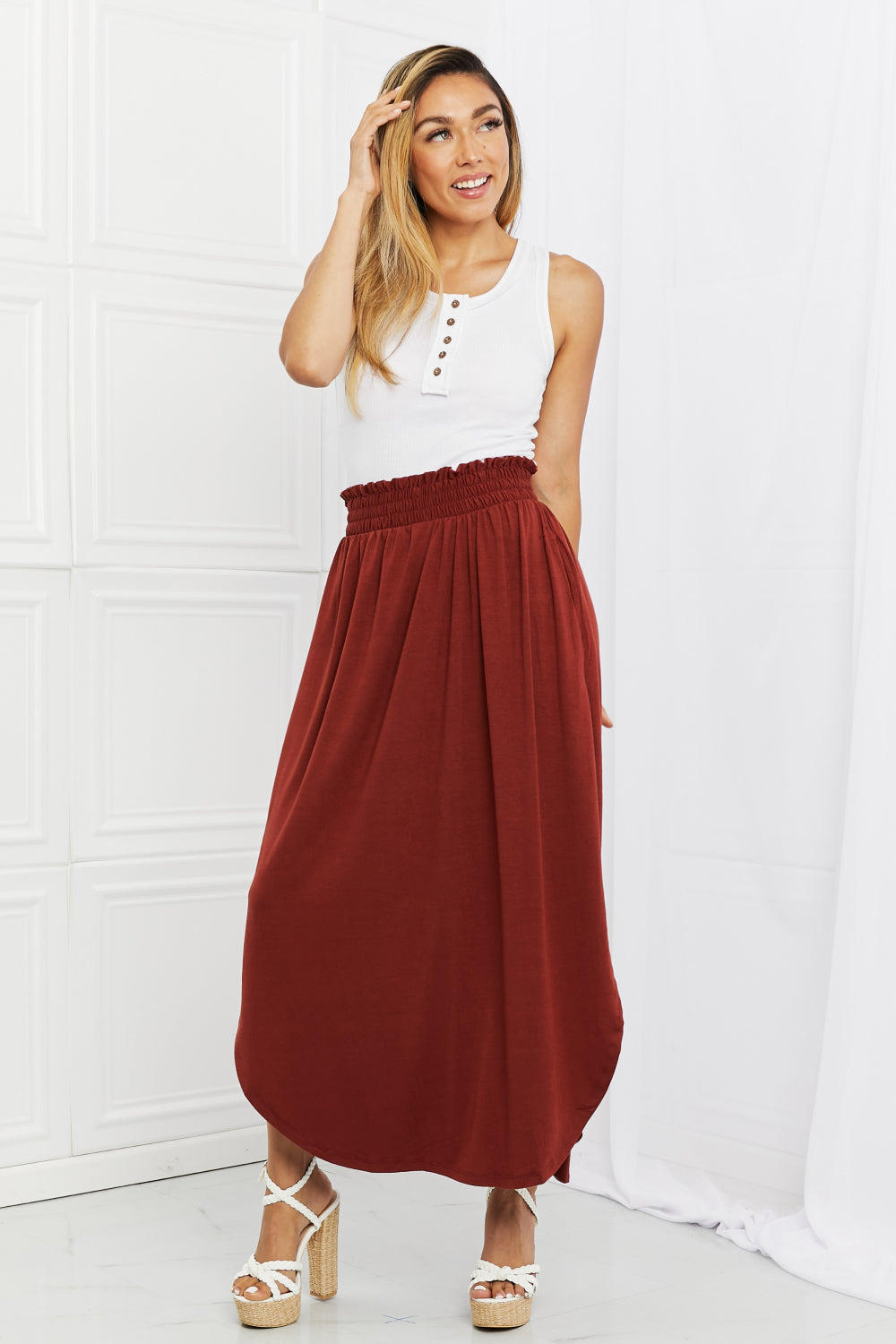 Zenana It's My Time Full Size Side Scoop Scrunch Skirt in Dark Rust - Coco and lulu boutique