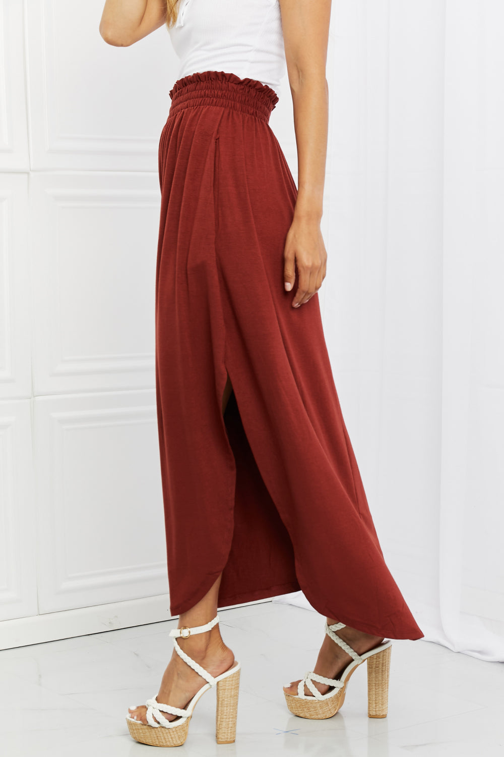 Zenana It's My Time Full Size Side Scoop Scrunch Skirt in Dark Rust - Coco and lulu boutique