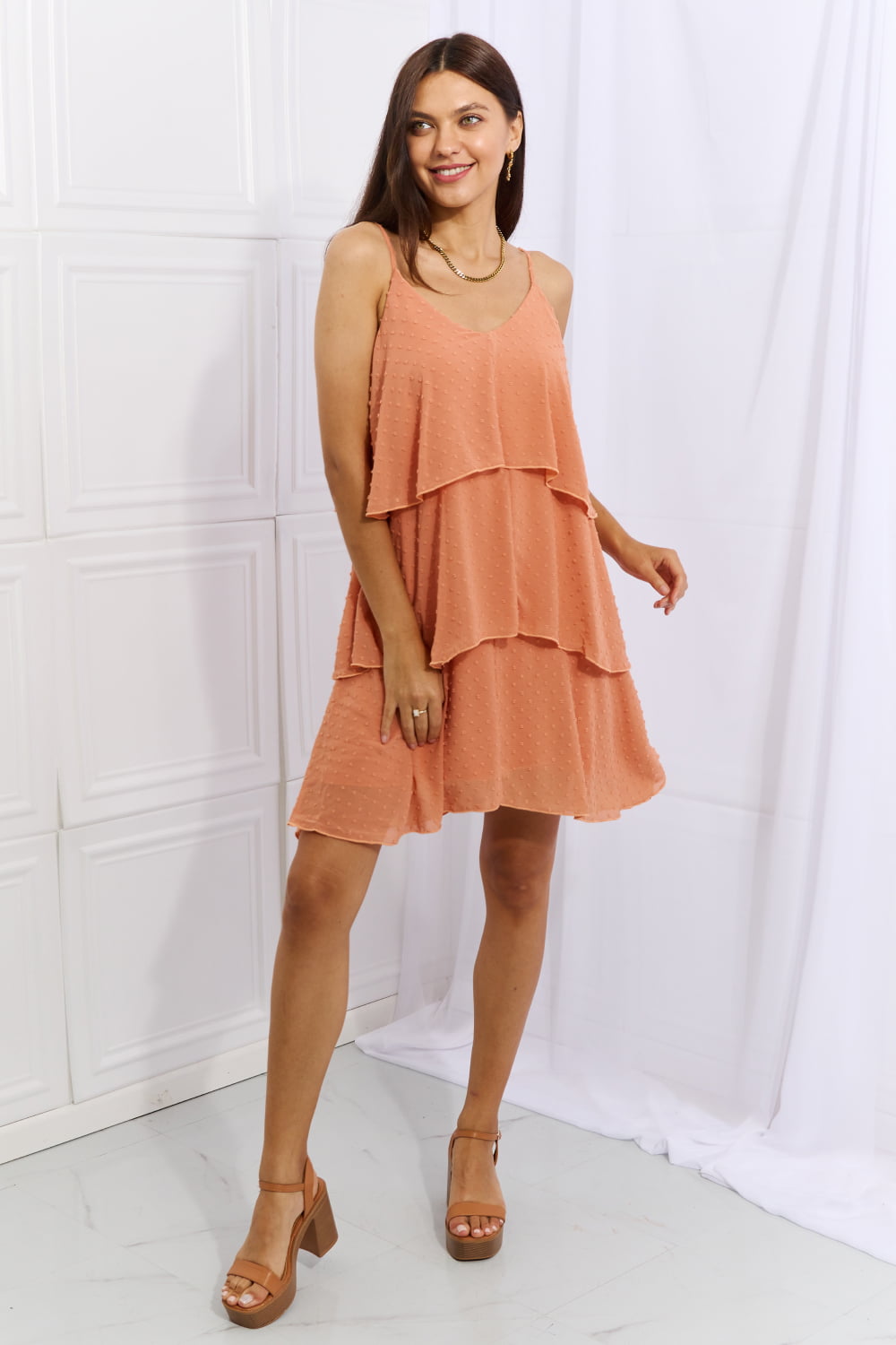 Anastasia Full Size Cascade Ruffle Style Cami Dress in Sherbet - Coco and lulu boutique