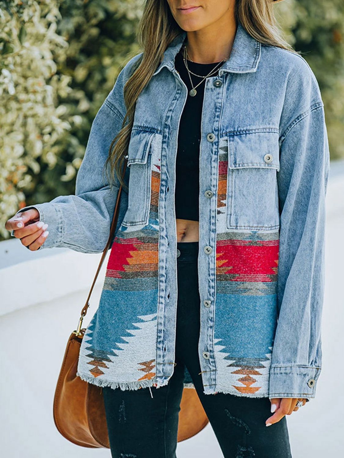 South West Collared Neck Dropped Shoulder Denim Jacket - Coco and lulu boutique