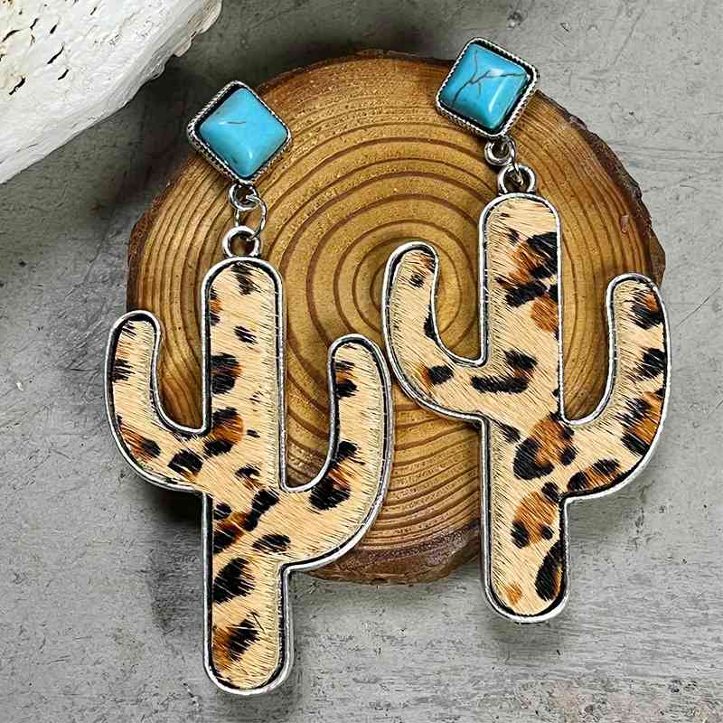 Turquoise and Cowhide Cactus Earrings - Coco and lulu boutique