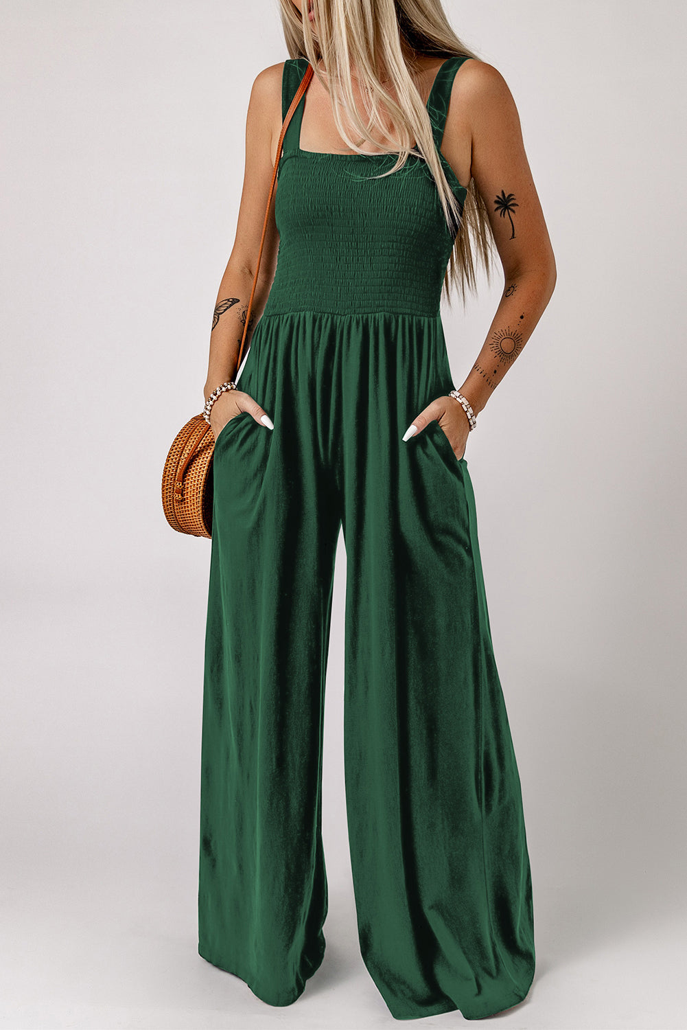 Beth Smocked Square Neck Wide Leg Jumpsuit with Pockets - Coco and lulu boutique
