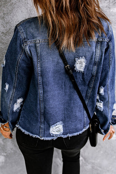 Ali Mixed Print Distressed Button Front Denim Jacket - Coco and lulu boutique