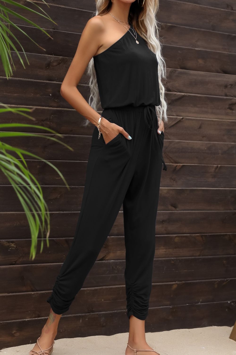 Cathy Drawstring Waist One-Shoulder Jumpsuit with Pockets - Coco and lulu boutique