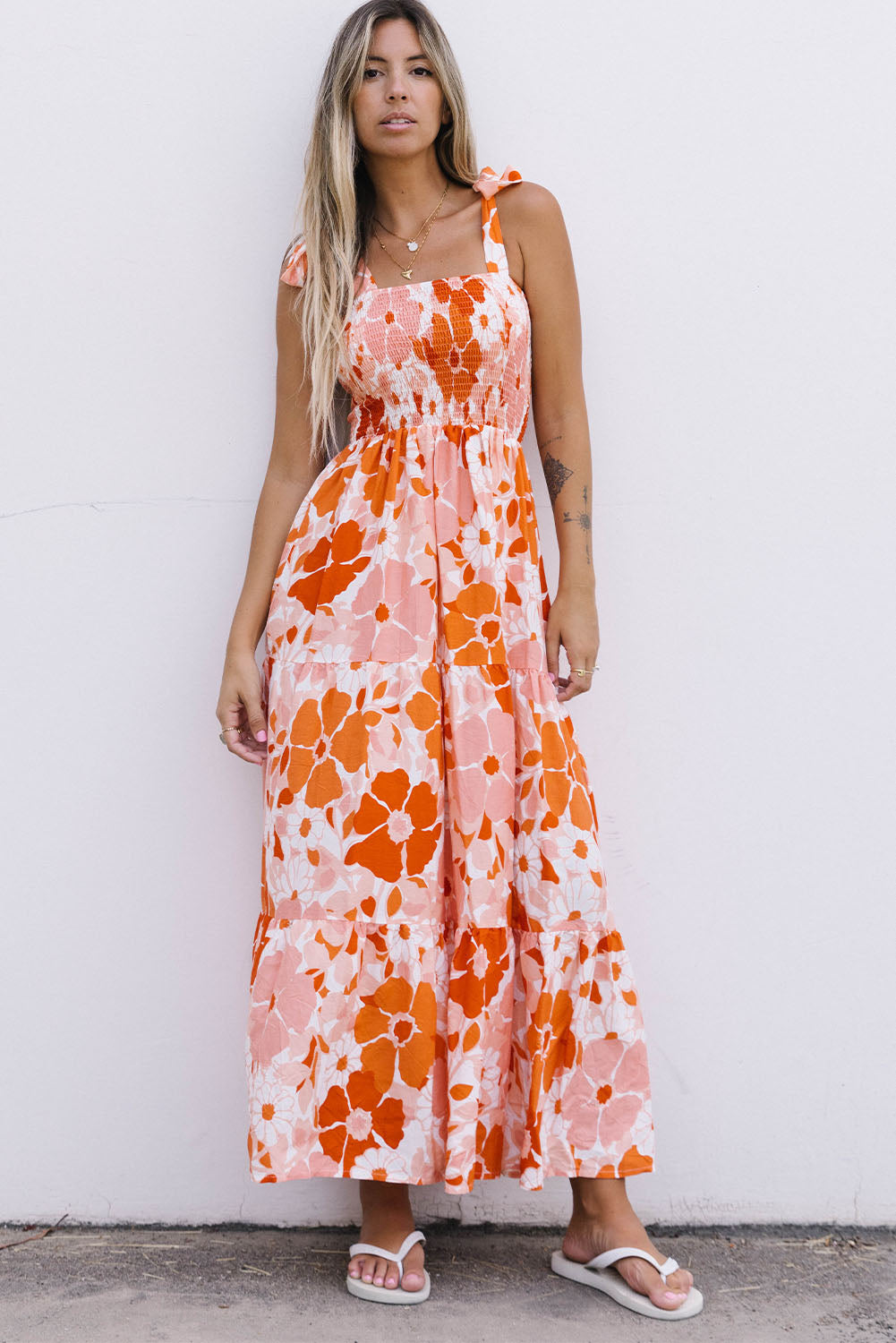 Floral Tie-Shoulder Smocked Maxi Dress - Coco and lulu boutique