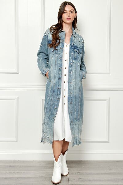 Distressed Raw Hem Pearl Detail Button Up Jacket - Coco and lulu boutique
