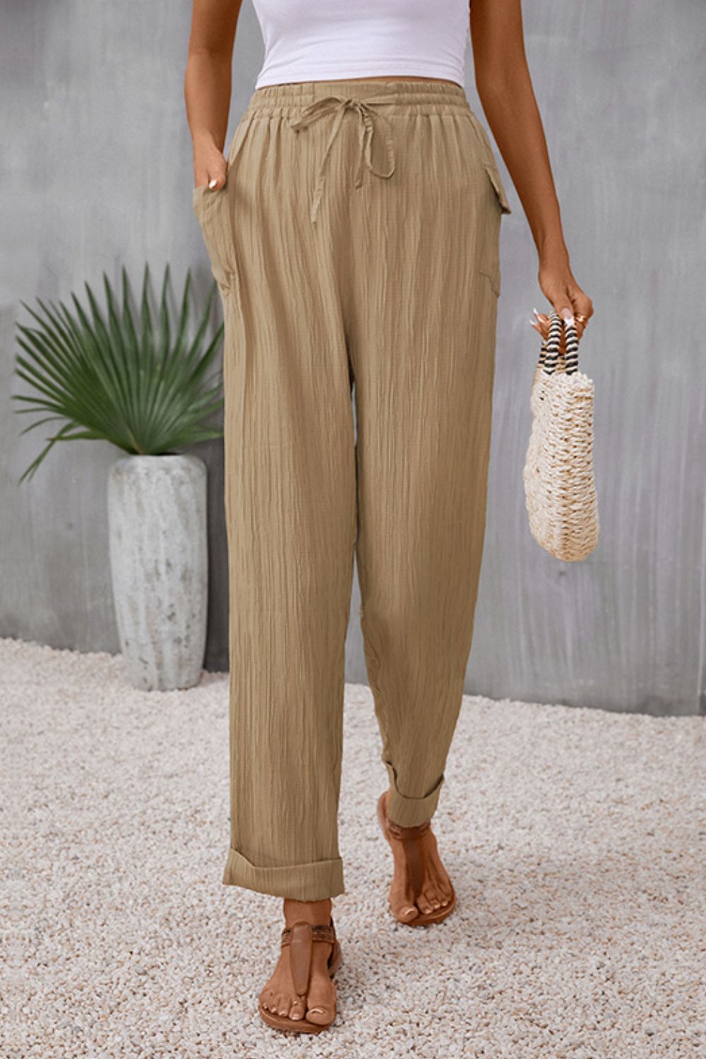 Kris Tie Waist Pocketed Long Pants - Coco and lulu boutique
