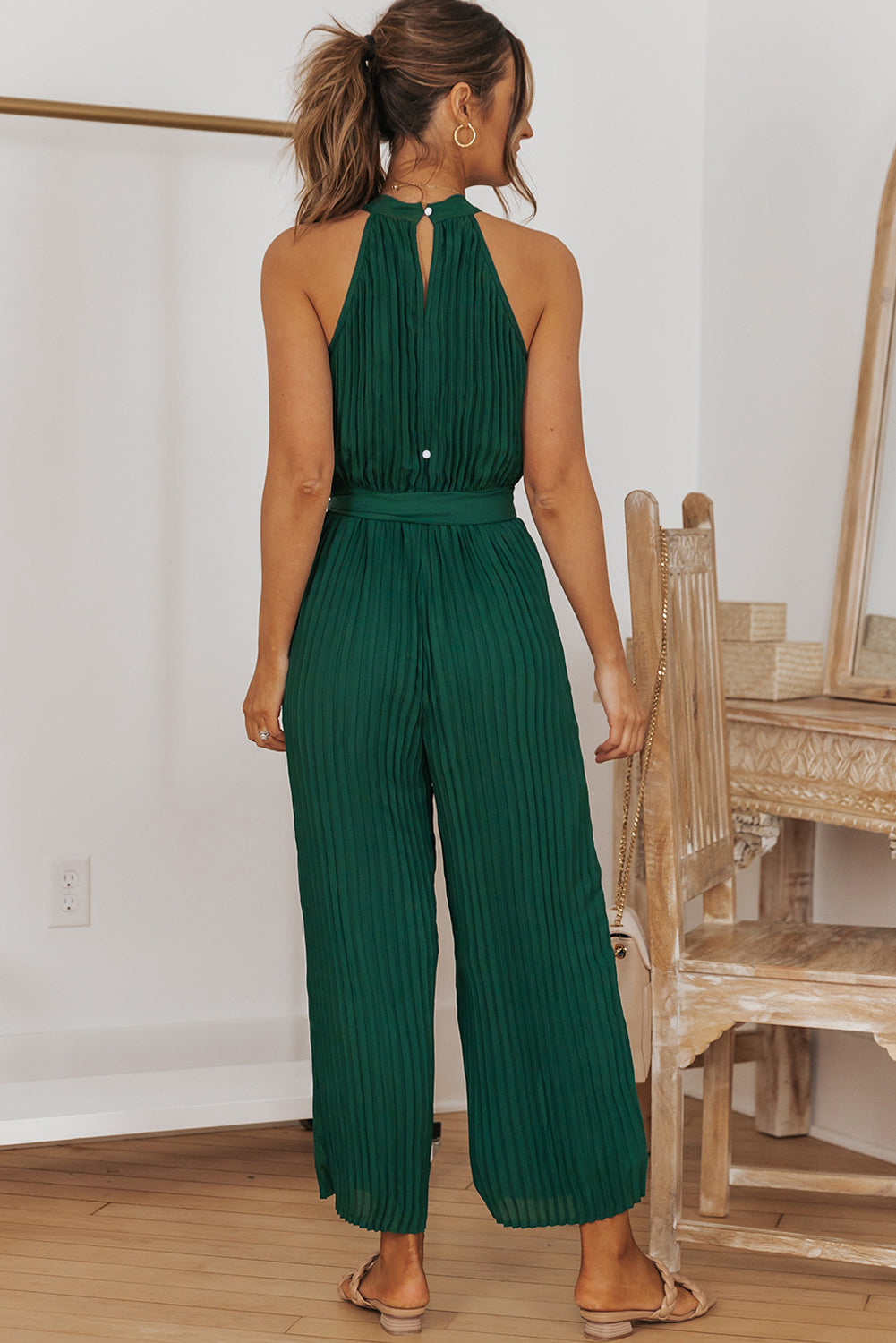Pamela Accordion Pleated Belted Grecian Neck Sleeveless Jumpsuit - Coco and lulu boutique