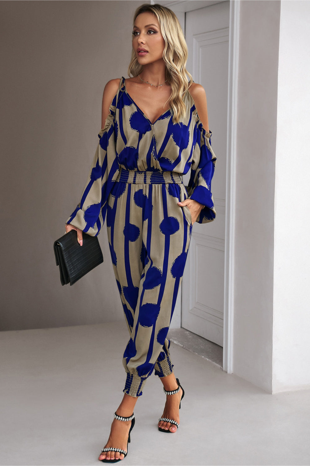Monique Printed Cold-Shoulder Surplice Neck Jumpsuit - Coco and lulu boutique