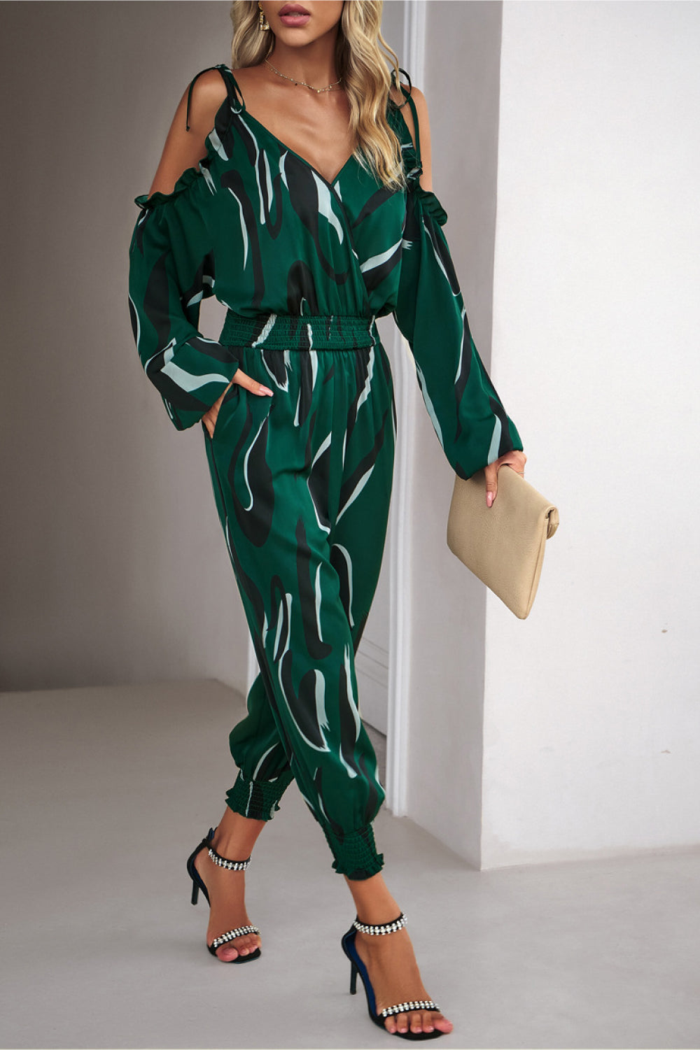 Monique Printed Cold-Shoulder Surplice Neck Jumpsuit - Coco and lulu boutique