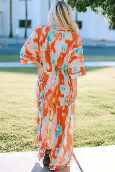 Angel Tie-Dye Collared Wide Leg Jumpsuit - Coco and lulu boutique