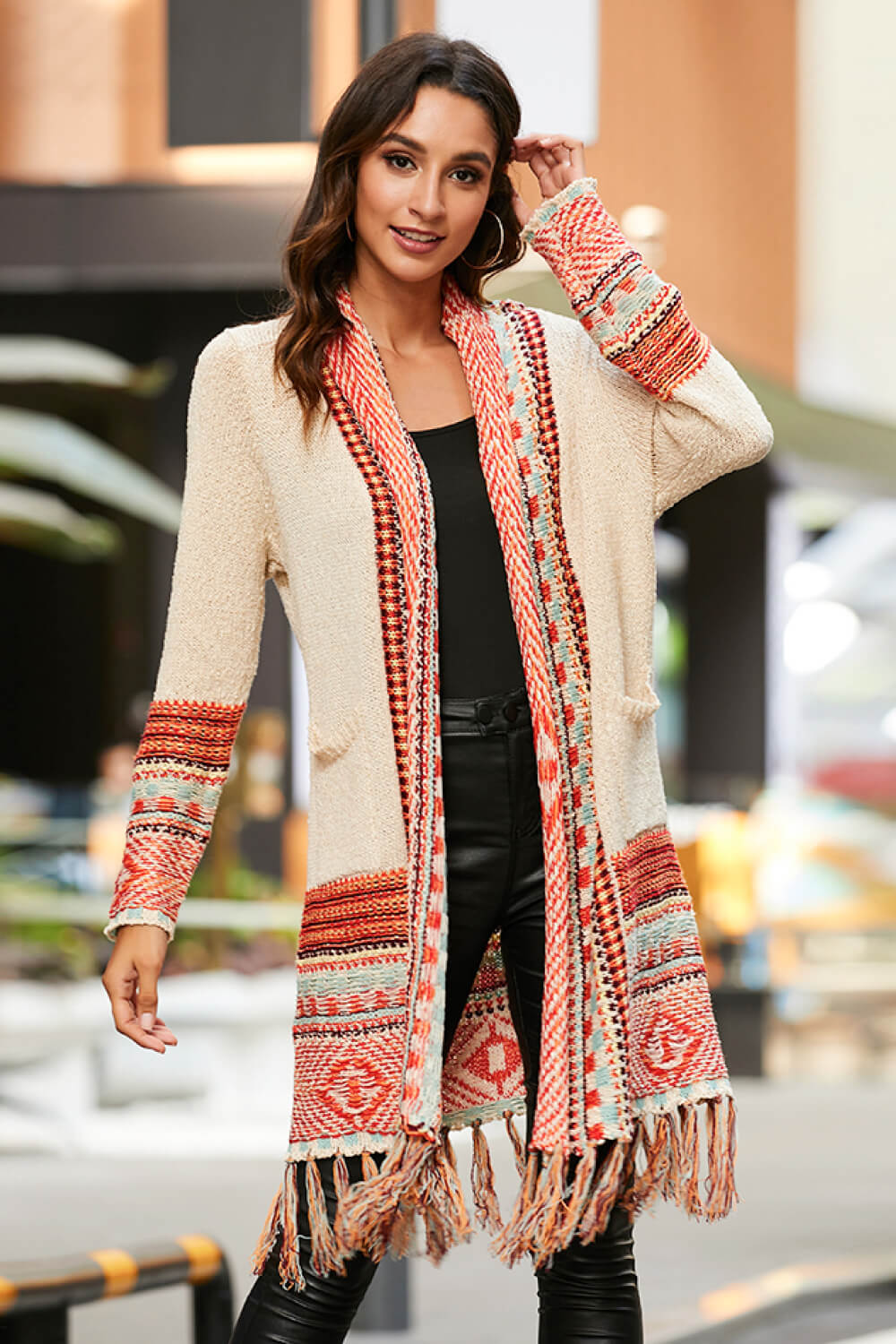 Multicolored Tassel Hem Open Front Cardigan - Coco and lulu boutique