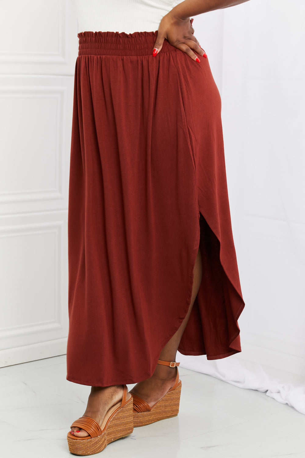 Zenana It's My Time Full Size Side Scoop Scrunch Skirt in Dark Rust - Coco and lulu boutique