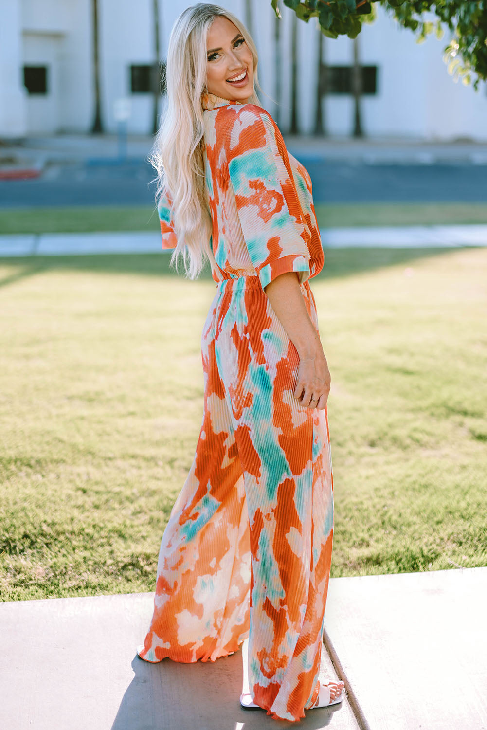 Angel Tie-Dye Collared Wide Leg Jumpsuit - Coco and lulu boutique